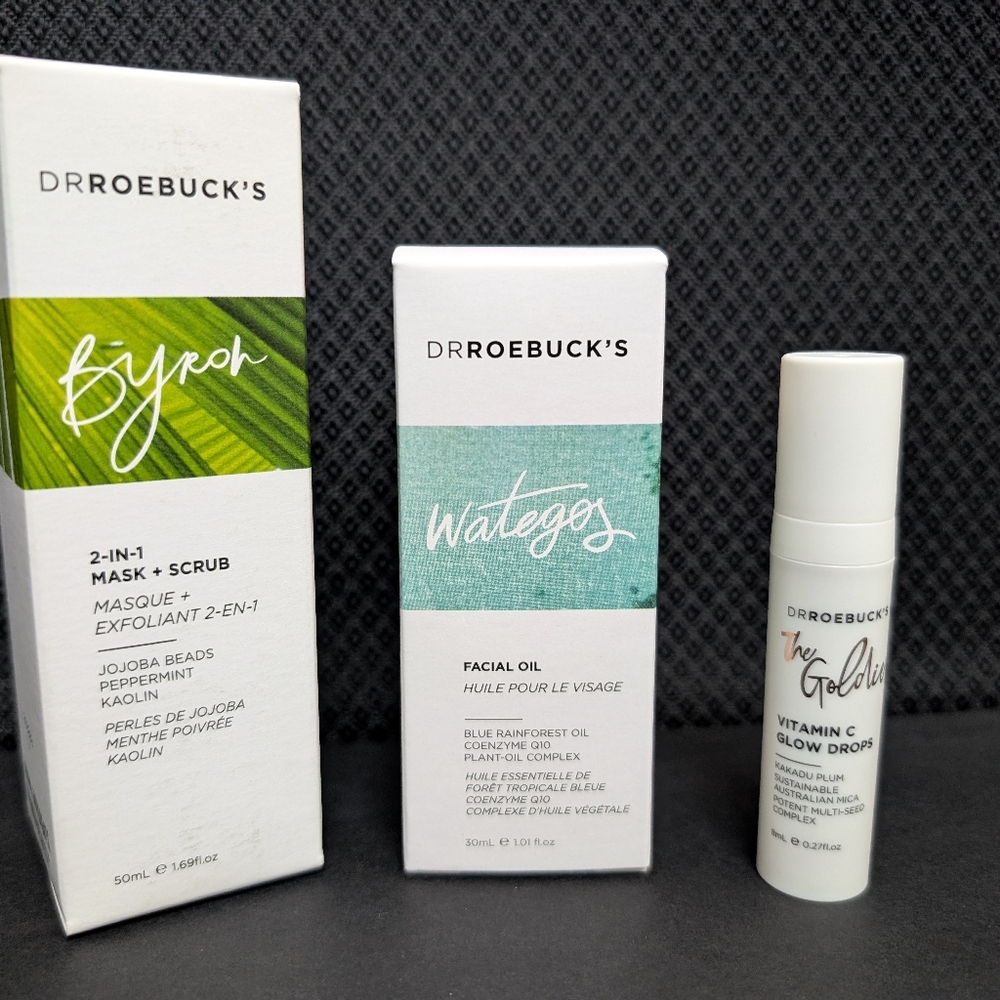Dr Roebuck's facial care trio (mask+scrub, oil, glow drop)